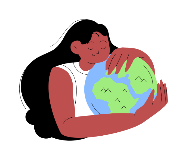 Illustration of a woman with long black hair hugging a globe, eyes closed, expressing care and love for the Earth. The globe shows simplified continents in green and blue.