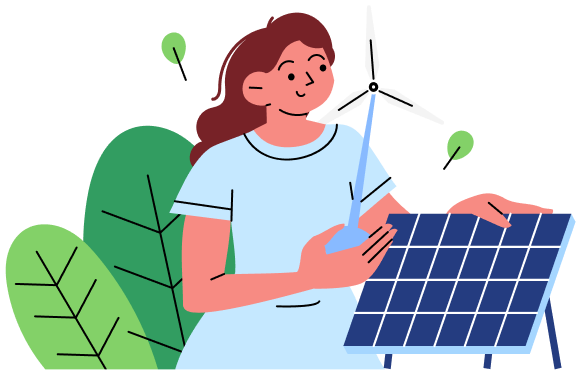 Illustration of a woman holding a small wind turbine and a solar panel, with green leaves in the background, symbolizing renewable energy and environmental sustainability.