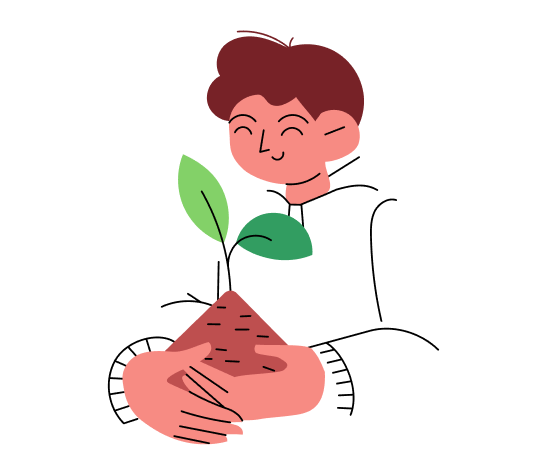 Illustration of a smiling person with short brown hair wearing a white hoodie, holding a small plant with green leaves growing from a mound of soil.