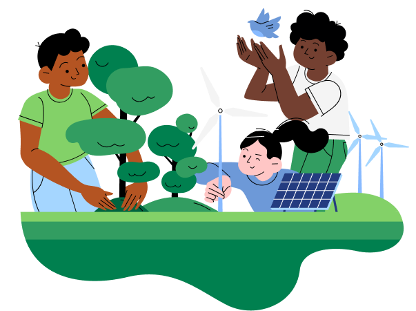 Illustration of three people engaging in eco-friendly activities: planting trees, releasing a bird, and working near a solar panel and wind turbines, promoting environmental sustainability.