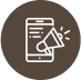 White line drawing of a smartphone and a megaphone inside a brown circle, symbolizing mobile communication or digital marketing notifications.