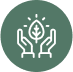 White icon of two hands holding a leaf with rays of light, symbolizing care for nature or environmental protection, on a green circular background.