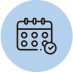 Icon of a calendar with six dots representing days, and a small clock or checkmark symbol in the lower right corner, all on a light blue circular background.