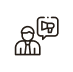 Black outline icon of a person in business attire with a speech bubble containing a megaphone, suggesting communication or making an announcement.