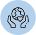Outline of two hands holding a globe with a small heart shape below it, all inside a light blue circular background.