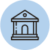 Icon of a classical building with columns and a triangular roof, outlined in black, centered on a light blue circular background.