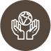 White outline of two hands holding a globe, centered on a dark brown circular background.