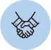 A simple black outline of two hands shaking, symbolizing agreement or partnership, centered on a light blue circular background.