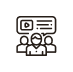 Icon of three people, with one person in front and a speech bubble above showing a play button and text lines, representing group discussion or video presentation.