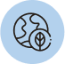 A simple black outline of Earth with a leaf symbol in front, shown on a light blue circular background. Represents environmental or eco-friendly concepts.