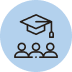 Icon of three people below a graduation cap, all outlined in black on a light blue circular background, representing education or a learning community.