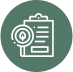 White icon on a green circle background showing a clipboard with lines and a magnifying glass featuring a leaf, representing an environmental report or eco-friendly assessment.