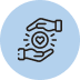 Icon of two hands surrounding a heart with radiating lines, symbolizing care or protection, on a light blue circular background.