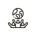 A simple line drawing of three people with raised arms below a globe, symbolizing global unity or teamwork.