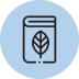 Icon of a closed book with a leaf symbol on its cover, outlined in black, centered on a light blue circular background.