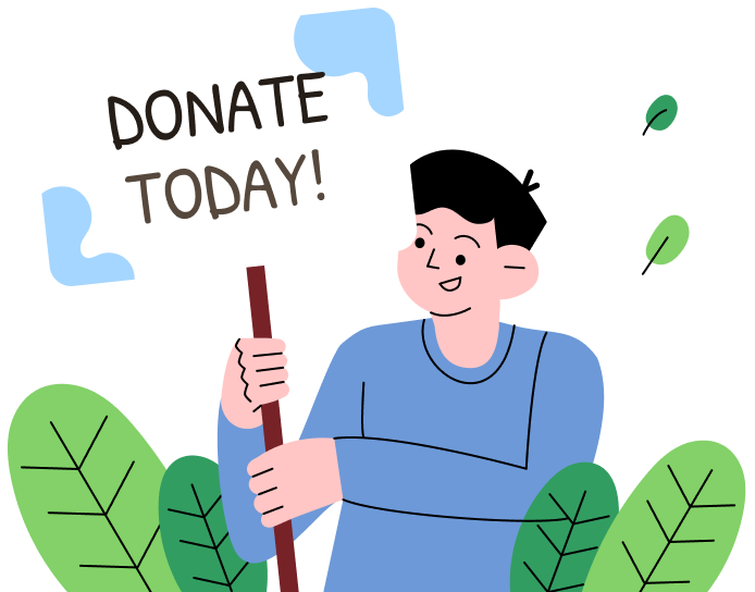 Illustration of a smiling person holding a sign that says DONATE TODAY! surrounded by green leaves and plants.