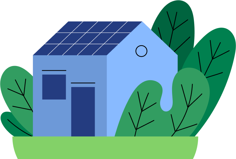 Illustration of a blue house with solar panels on the roof, surrounded by large green leaves and plants, representing eco-friendly or sustainable living.