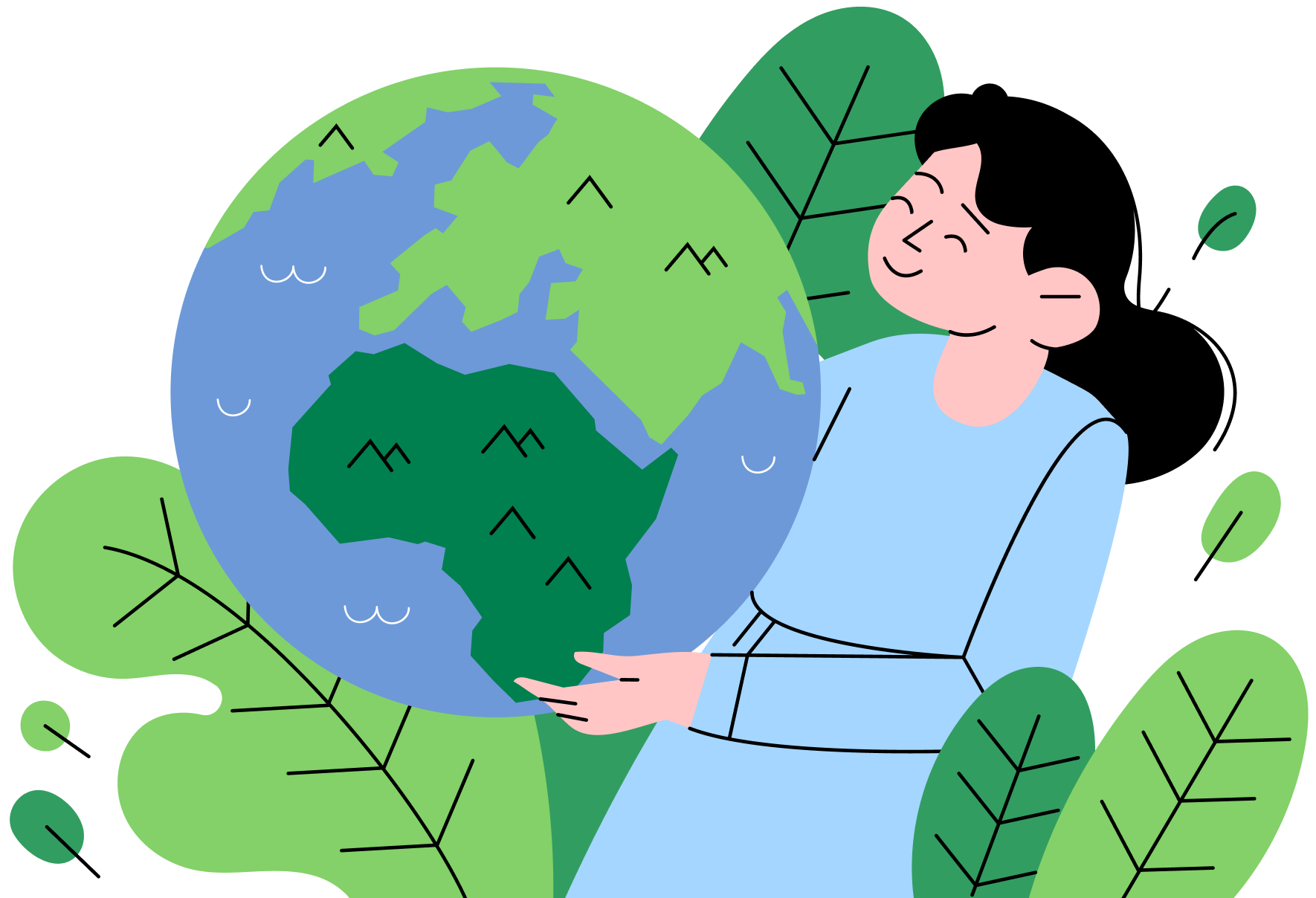 A woman with dark hair in a light blue dress smiles and holds a large globe surrounded by green leaves, symbolizing care for the Earth and environmental awareness.