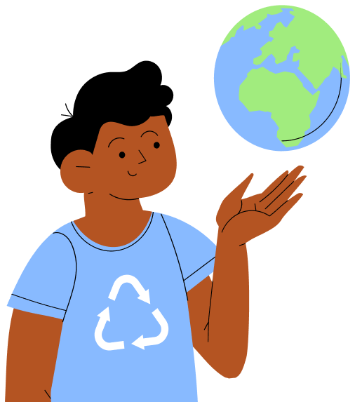 Illustration of a person with dark hair wearing a blue shirt with a white recycling symbol, smiling and holding up a globe showing Africa and Europe.