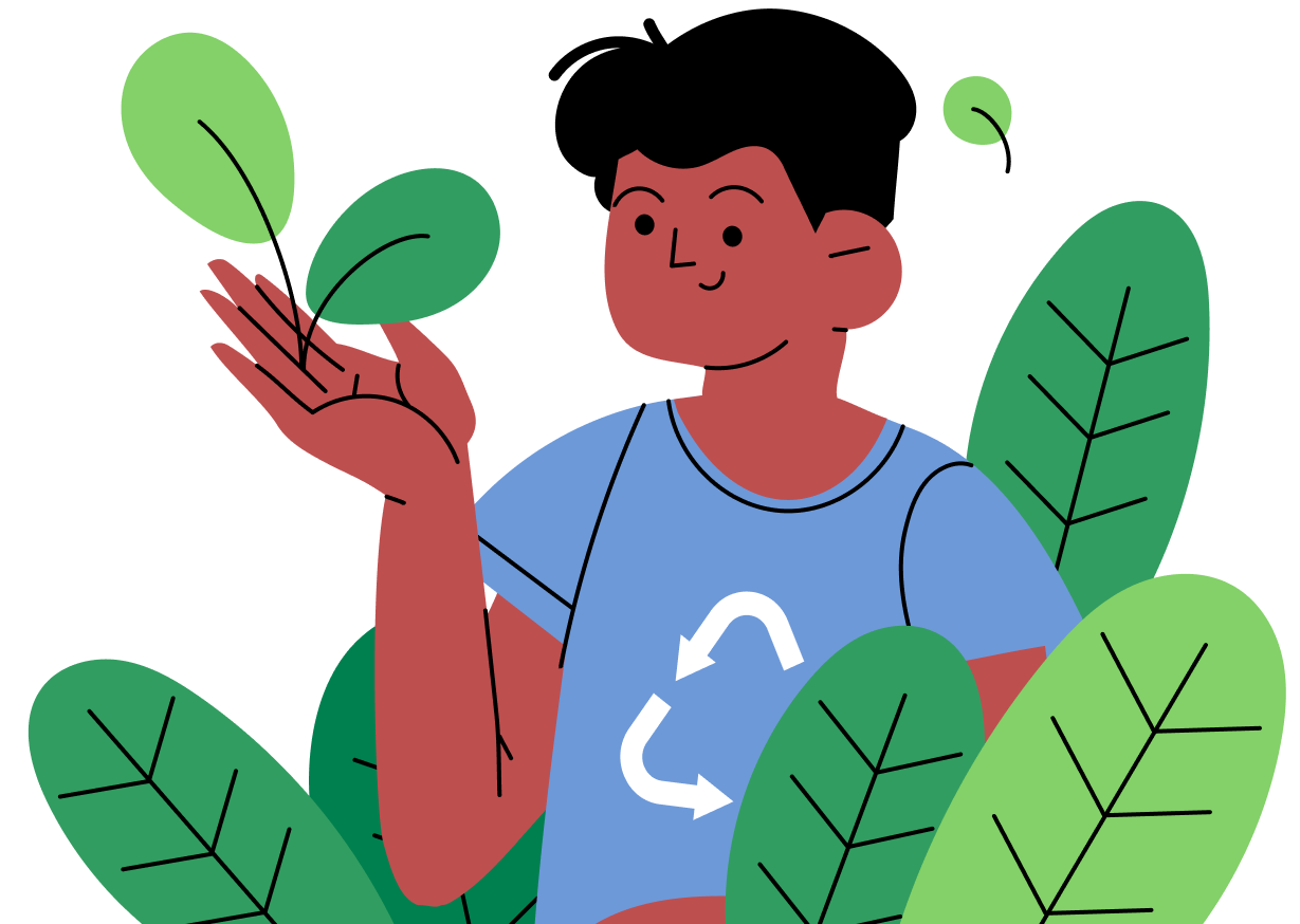 Illustration of a smiling person wearing a blue shirt with a white recycling symbol, surrounded by large green leaves, holding a small leaf in one hand, representing environmental awareness and sustainability.