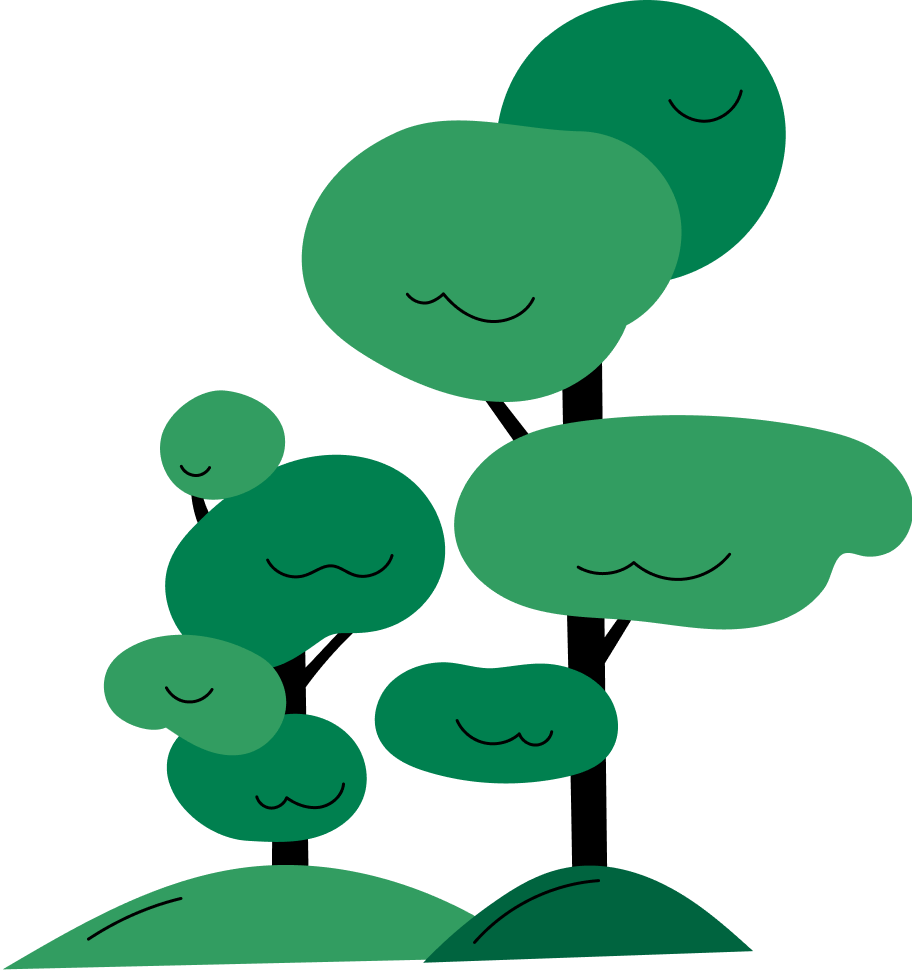 A simple illustration of two green trees with rounded, bushy canopies on small grassy hills. The trees have dark trunks and appear cartoon-like, with curved lines suggesting smiles on the foliage.