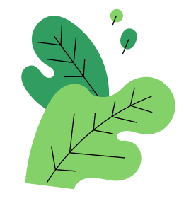 Abstract illustration of three stylized green leaves with black vein lines on a light background. The leaves vary in size and shade, overlapping with simple, organic shapes.
