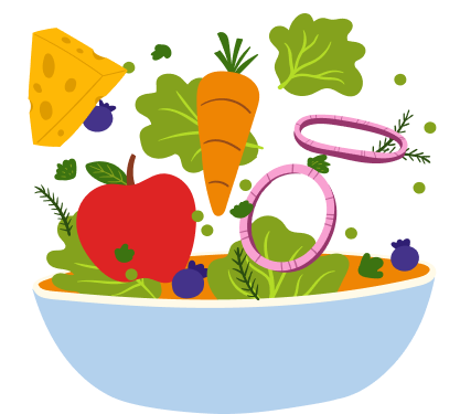 A colorful illustration of a salad bowl filled with leafy greens, an apple, a carrot, cheese, onion rings, blueberries, and herbs, with some ingredients floating above the bowl.