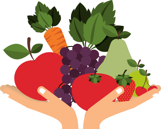 Two hands holding a variety of colorful fruits and vegetables, including an apple, grapes, tomato, pear, strawberry, cherry, green apple, and a carrot with leaves.
