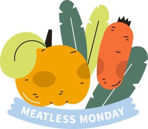 Illustration of a yellow apple, an orange carrot, and green leaves above a blue ribbon with the words Meatless Monday.