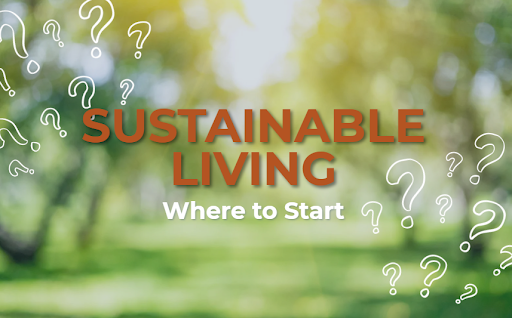 Text reading “Sustainable Living: Where to Start” appears over a blurred outdoor background with trees. White question marks surround the text, sparking curiosity and inviting you to explore the first steps toward sustainable living.
