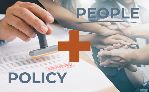 A split image shows a hand stamping Approved on a document labeled POLICY, while multiple hands stack together under the word PEOPLE—illustrating how policy and people join forces for sustainable living, separated by a bold plus symbol.