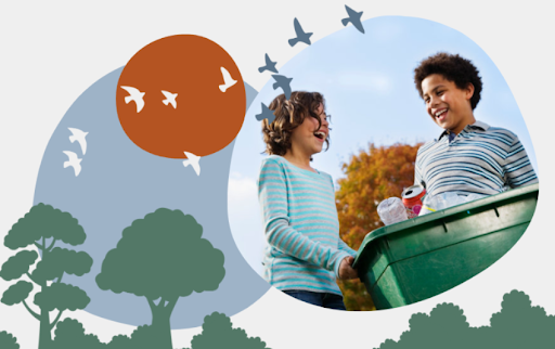 Two children smiling while placing recyclables into a green bin, with illustrated trees and birds in the background, evoking a cheerful scene that highlights sustainable living.