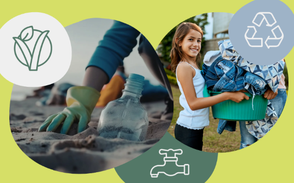 A collage shows a person cleaning a beach, a girl holding a basket of clothes, and icons for veganism, water conservation, and recycling on a green background.