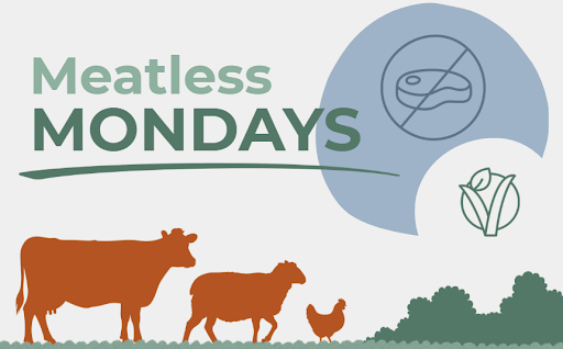 Illustration promoting Meatless Mondays, featuring silhouettes of a cow, sheep, and chicken, a no-meat symbol, a vegetable icon, and the text Meatless MONDAYS in green and bold letters.
