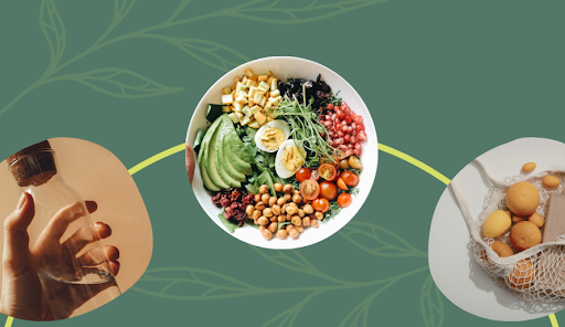 A hand holding a glass jar, a bowl of salad with various vegetables, chickpeas, egg and avocado, and a reusable bag filled with potatoes, all on a green background with leaf patterns.