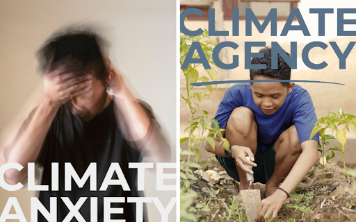 Split image: left side shows a blurred person holding their head with CLIMATE ANXIETY text; right side shows a child planting a seedling with CLIMATE AGENCY text overlaid.