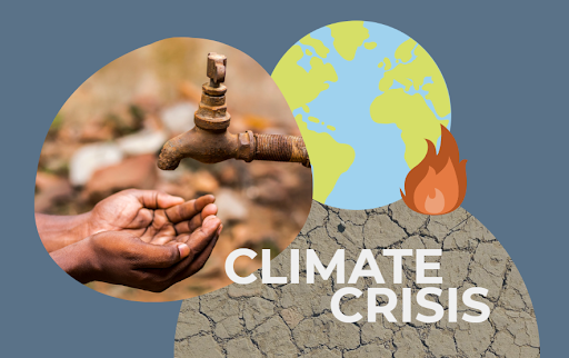 A pair of hands reaches for water from a dry tap, next to images of a cracked earth, a burning flame, and the planet. The words Climate Crisis are written below.