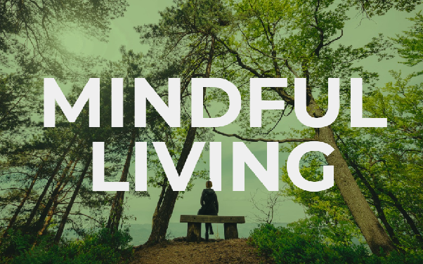 A person sits alone on a bench in a lush forest, surrounded by tall trees and greenery. Large white text in the center reads “MINDFUL LIVING.”.
